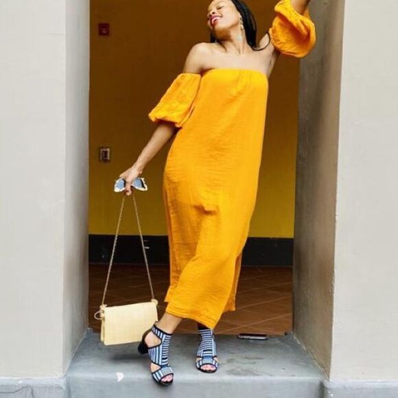 Free People Bright Orange Vieques Off The Shoulder Puff Sleeve Midi Dress - Picture 3 of 14